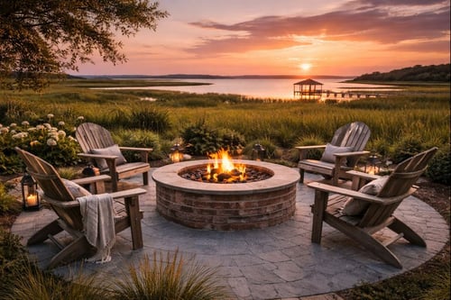 Coastal outdoor fire pit marsh sunset seating area